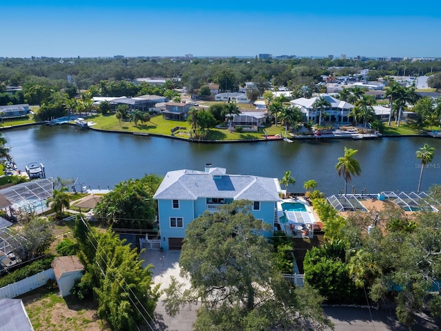 drone / aerial view featuring a water view