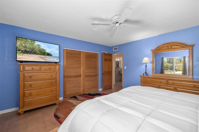 tiled bedroom with ceiling fan and a closet