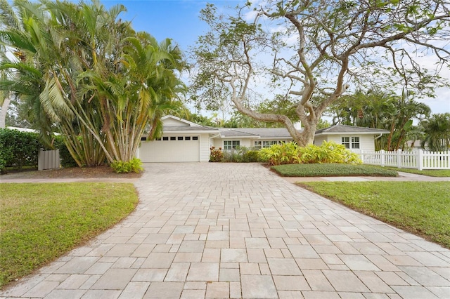 single story home with a front yard and a garage