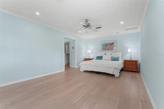 bedroom with light hardwood / wood-style flooring, ceiling fan, and crown molding