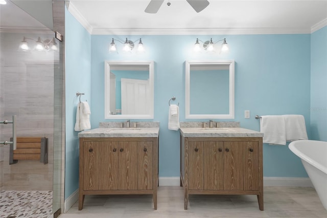 bathroom featuring vanity, ceiling fan, crown molding, and independent shower and bath