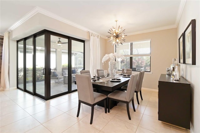 tiled dining room featuring ceiling fan with notable chandelier and crown molding