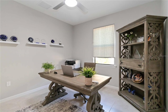 tiled home office with ceiling fan