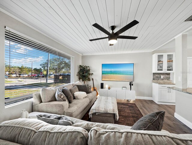 living room with dark hardwood / wood-style floors, ceiling fan, wood ceiling, and ornamental molding