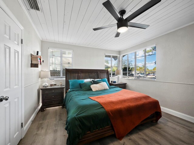 bedroom with hardwood / wood-style floors, ceiling fan, and wood ceiling