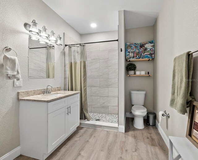 bathroom featuring a shower with curtain, toilet, wood-type flooring, and vanity