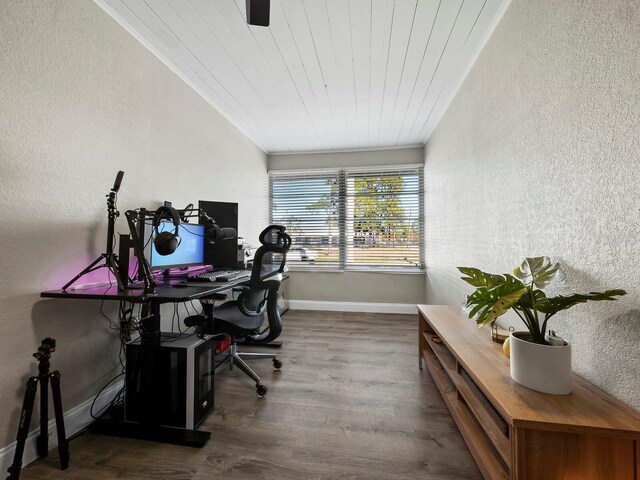 office area with wood-type flooring and wood ceiling