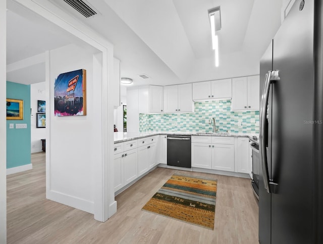 kitchen with decorative backsplash, white cabinetry, sink, and stainless steel appliances