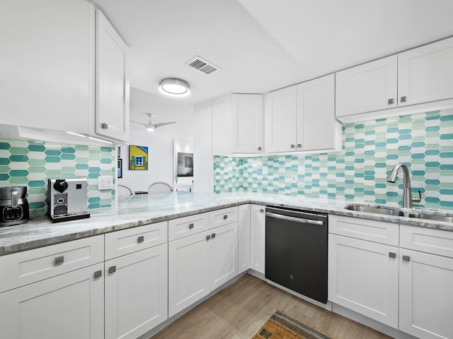 kitchen with backsplash, dishwasher, white cabinets, and sink