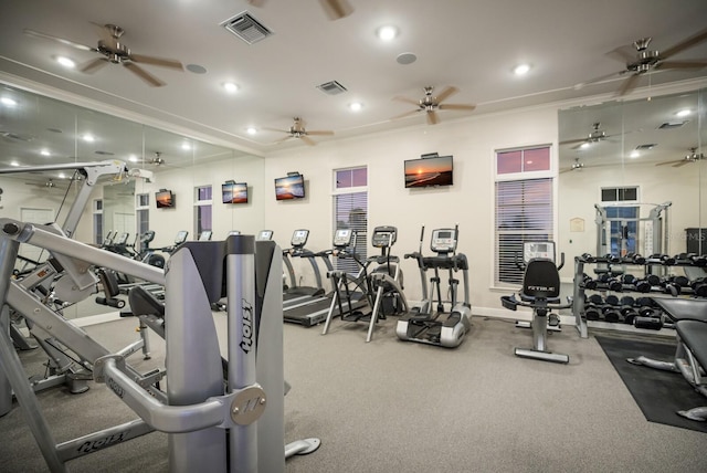 15404 Trinity Fall Way, Bradenton, FL 34212 - exercise room featuring ornamental molding, a ceiling fan, recessed lighting, and baseboards