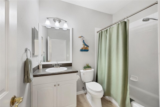 full bathroom with toilet, shower / bathtub combination with curtain, tile patterned flooring, and vanity