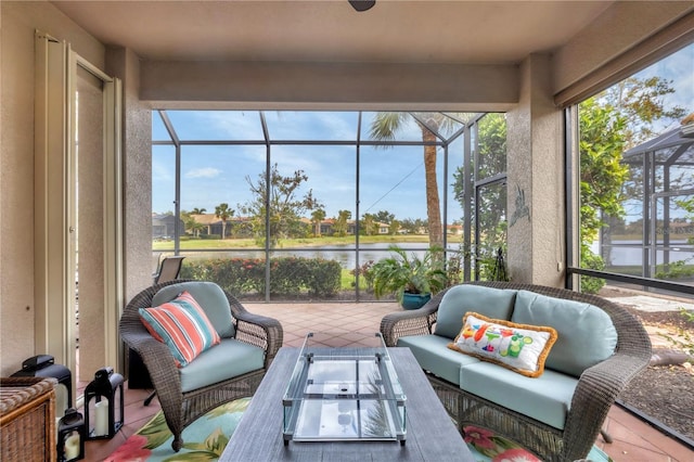 sunroom with a water view