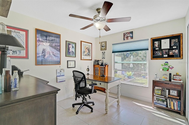 tiled office with ceiling fan