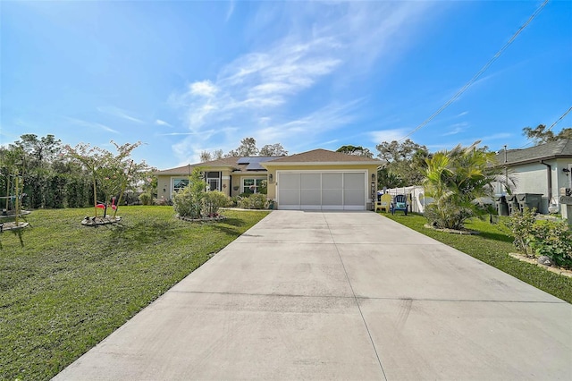 ranch-style house with a front yard and solar panels