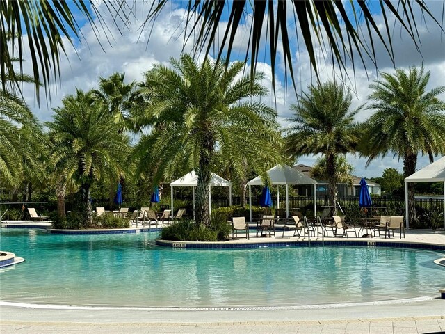 view of swimming pool featuring a patio area