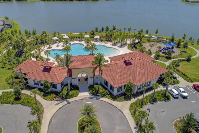 bird's eye view with a water view