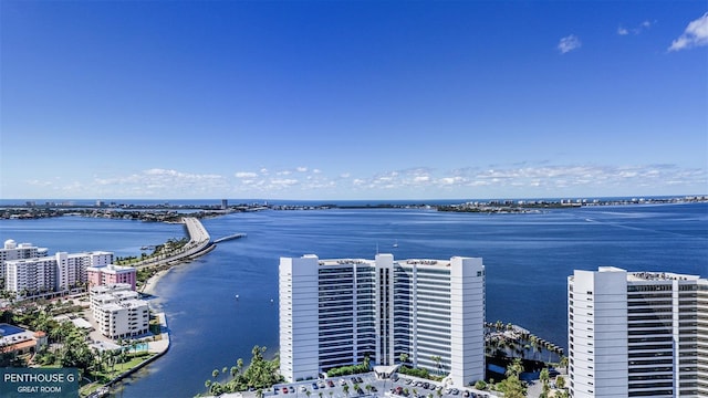 bird's eye view with a water view