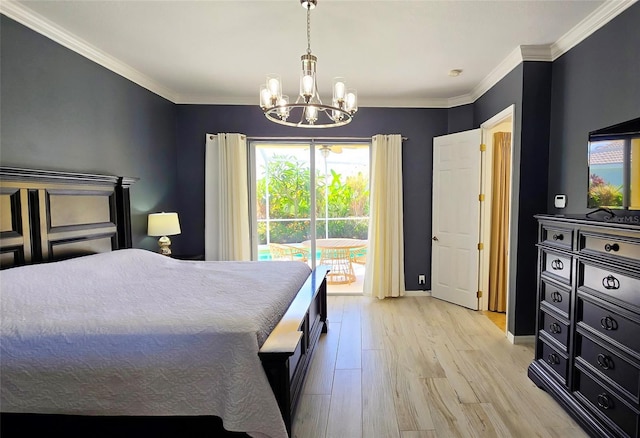 bedroom featuring crown molding, access to exterior, light wood-type flooring, and a notable chandelier