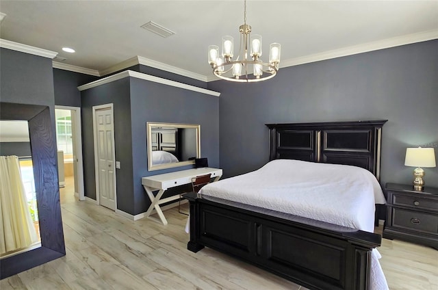 bedroom with ornamental molding, light hardwood / wood-style flooring, and a notable chandelier