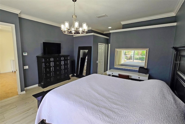 bedroom with ornamental molding, a chandelier, and light hardwood / wood-style floors