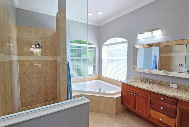 bathroom with crown molding, tile patterned floors, shower with separate bathtub, and vanity