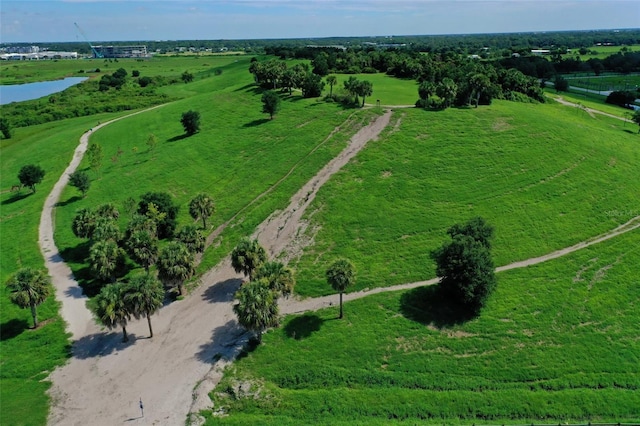 drone / aerial view featuring a water view and a rural view