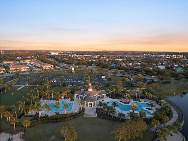 view of aerial view at dusk