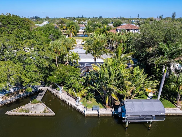 drone / aerial view featuring a water view