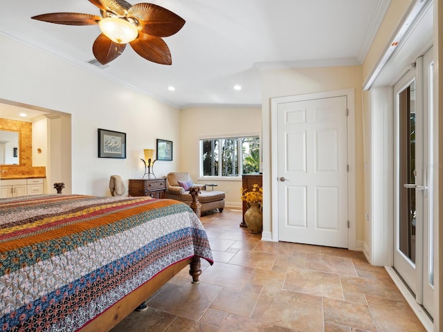 bedroom featuring ceiling fan, crown molding, and ensuite bath