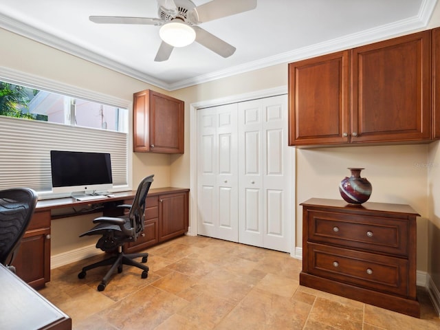 home office with ceiling fan and crown molding