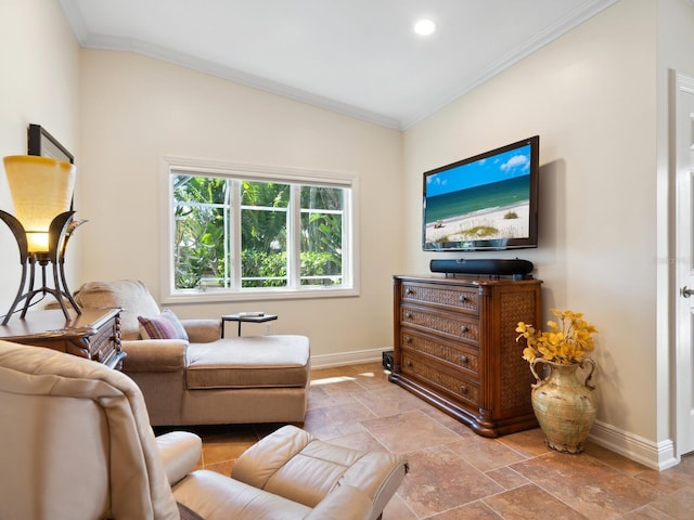 living room featuring lofted ceiling and ornamental molding