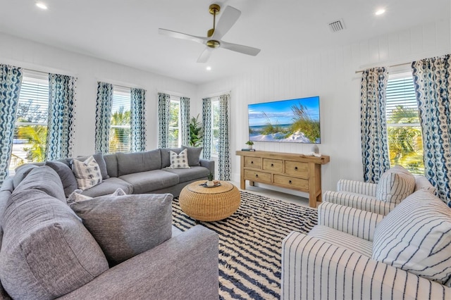 living room with ceiling fan