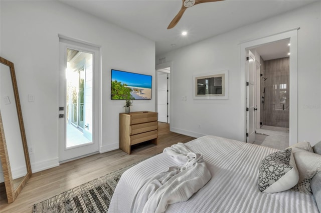 bedroom with access to exterior, wood-type flooring, connected bathroom, and ceiling fan