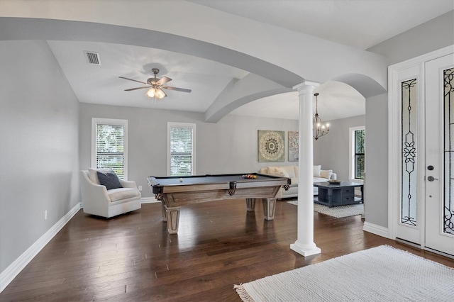 game room featuring dark wood-type flooring, lofted ceiling, pool table, and ceiling fan with notable chandelier