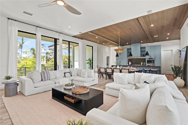 living room with light hardwood / wood-style flooring, ceiling fan, and wooden ceiling