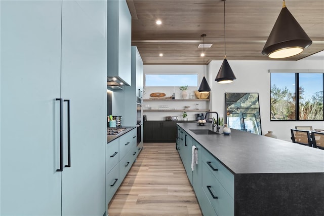 kitchen featuring appliances with stainless steel finishes, a kitchen island with sink, sink, wooden ceiling, and hanging light fixtures