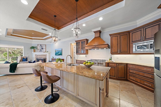 kitchen with premium range hood, a center island with sink, sink, a tray ceiling, and stainless steel appliances