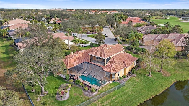 bird's eye view with a water view