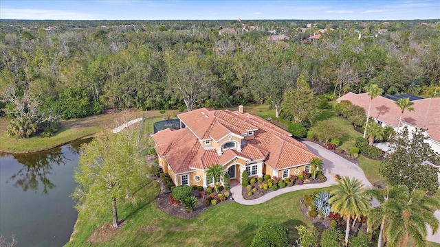 aerial view featuring a water view