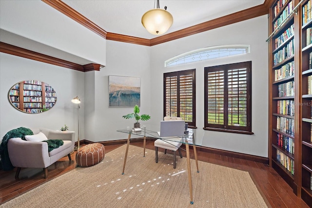 office featuring ornamental molding and dark wood-type flooring