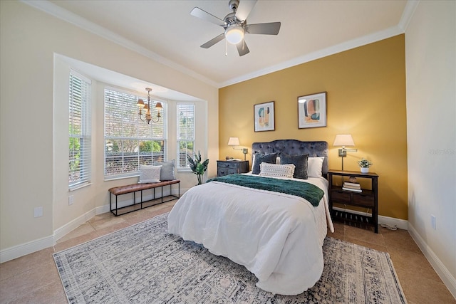 bedroom with ceiling fan with notable chandelier and crown molding