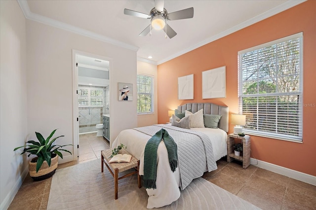 tiled bedroom featuring ensuite bath, ceiling fan, multiple windows, and ornamental molding