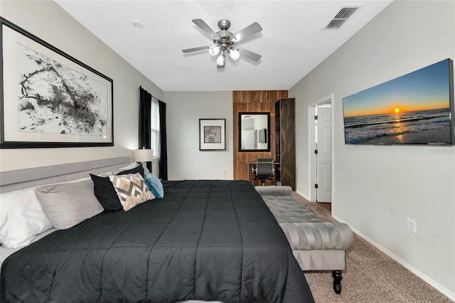 carpeted bedroom featuring ceiling fan