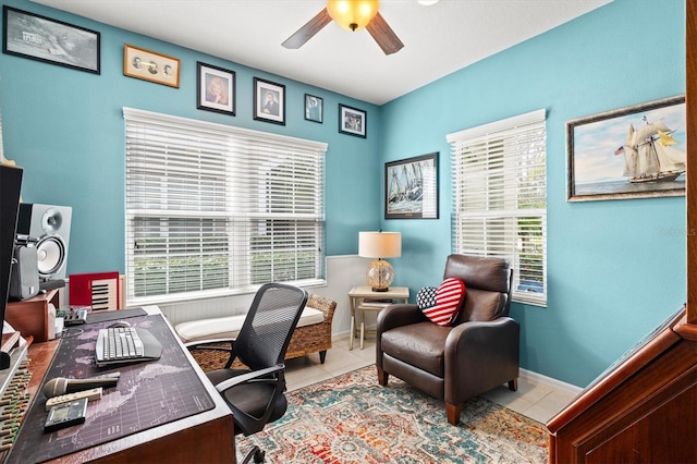 3922 Wildgrass Pl, Parrish, FL 34219 - tiled office featuring a ceiling fan and baseboards