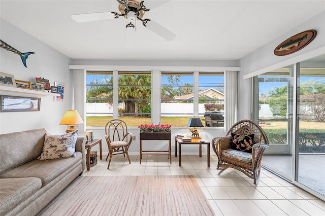 sunroom featuring ceiling fan