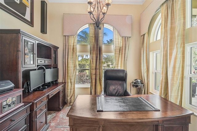 office space with a notable chandelier and crown molding