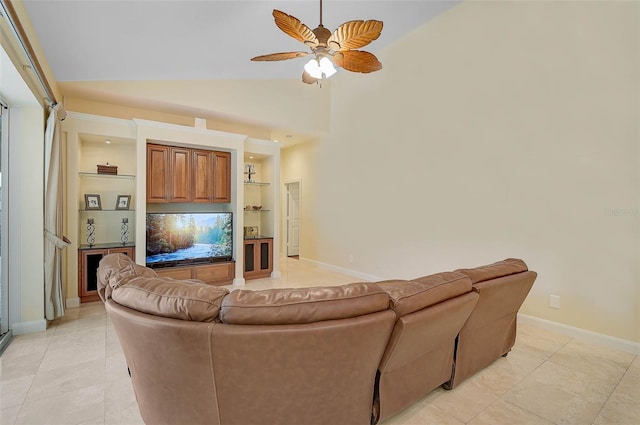 living room with ceiling fan, built in features, and high vaulted ceiling