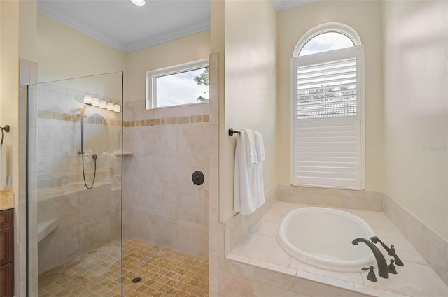 bathroom with crown molding and plus walk in shower