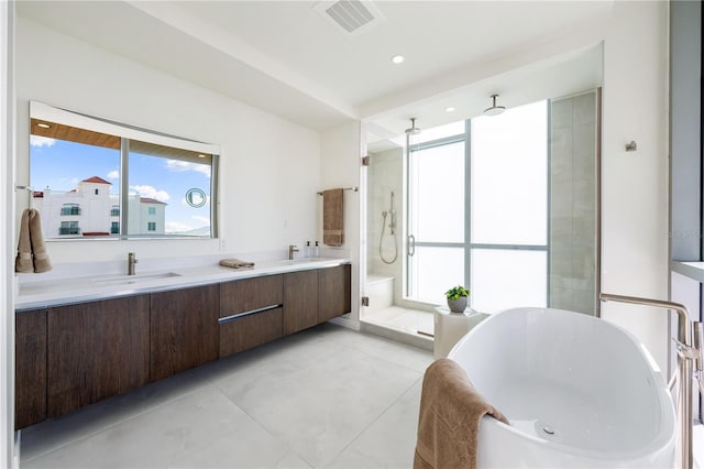 bathroom featuring vanity and plus walk in shower