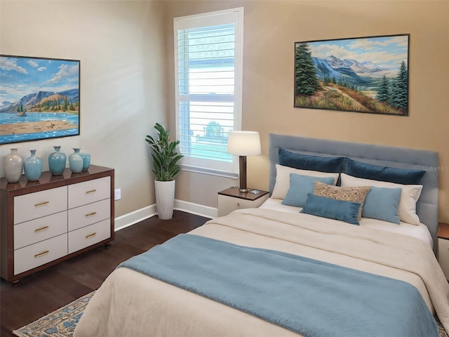 bedroom with dark hardwood / wood-style flooring and multiple windows